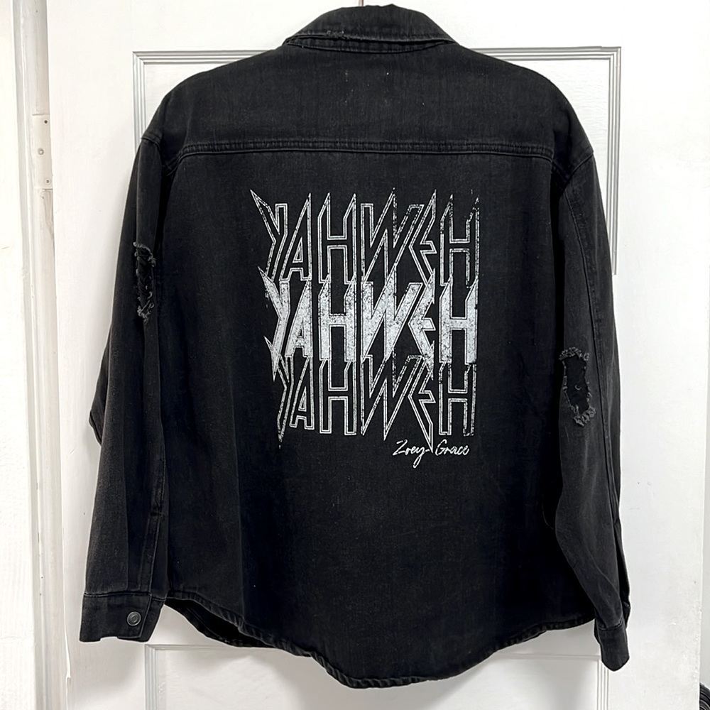 Oversized denim black YAHWEH jacket by Zoey Grace US women’s Small